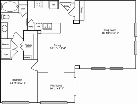 Floor plan for 1 bed, 1 bath, 1075 sqft